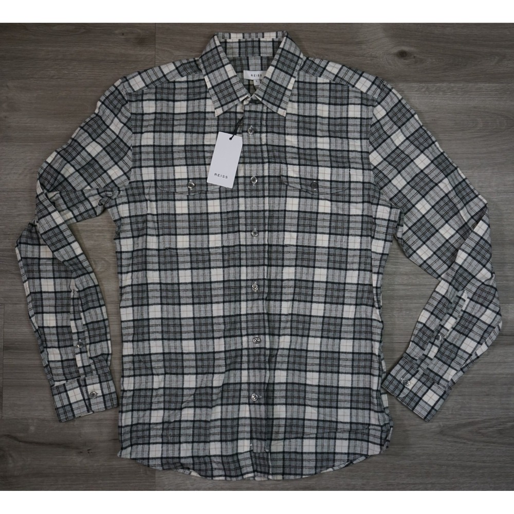 $195 Reiss Twin Pocket Overshirt Mens Small Gray Tan Plaid Check Textured Cotton